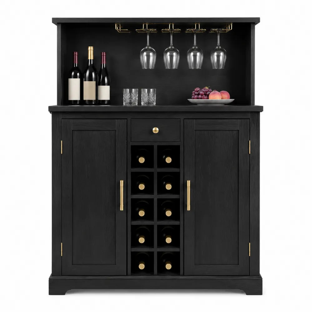 Armario de Madera con Estantes para Vino y Porta Copas Negro/Dorado