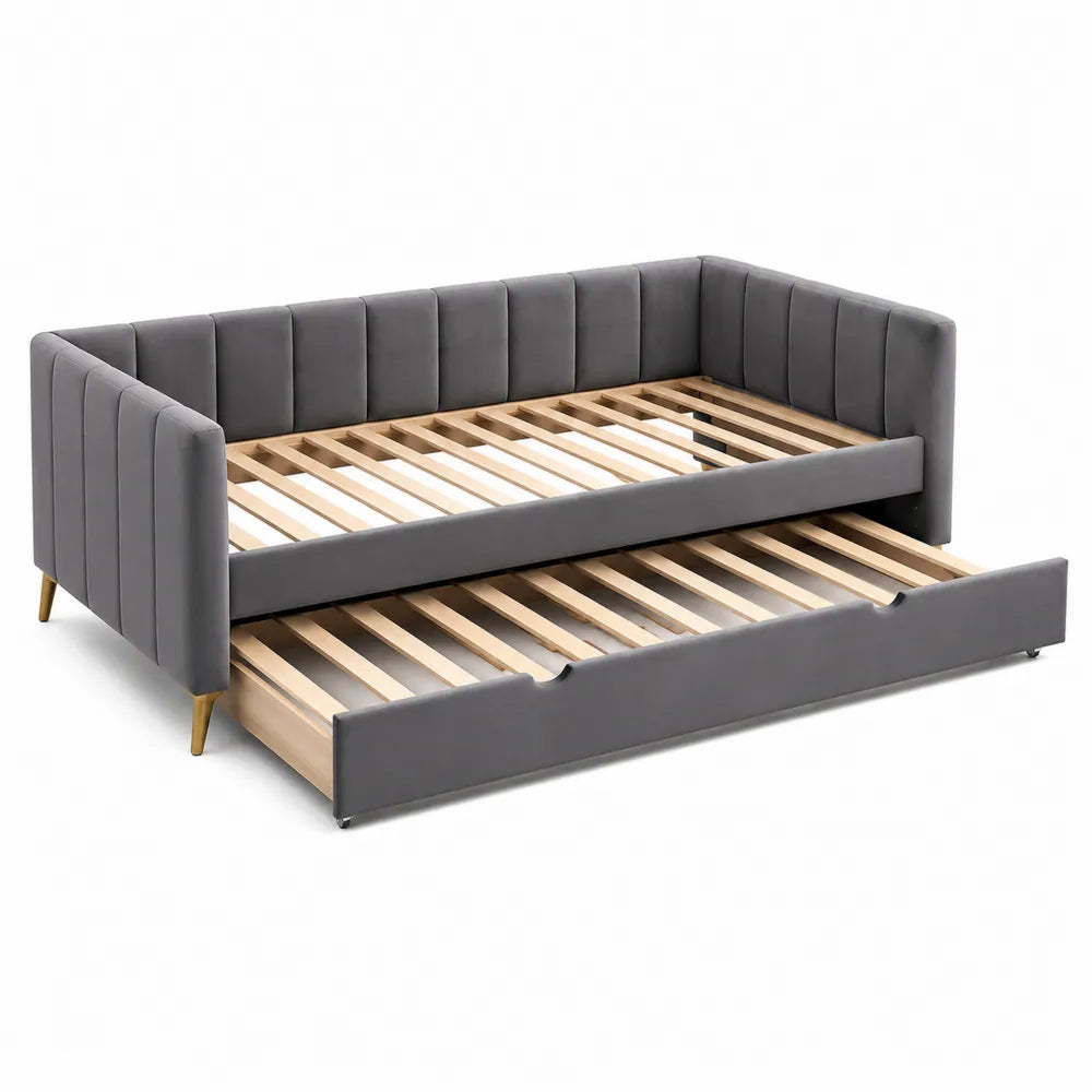 Cama nido de madera contrachapada con tela gris y somier extraíble