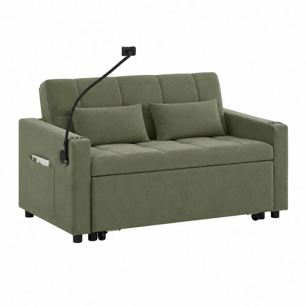 Sofá cama de tela verde con almacenamiento y lámpara ajustable
