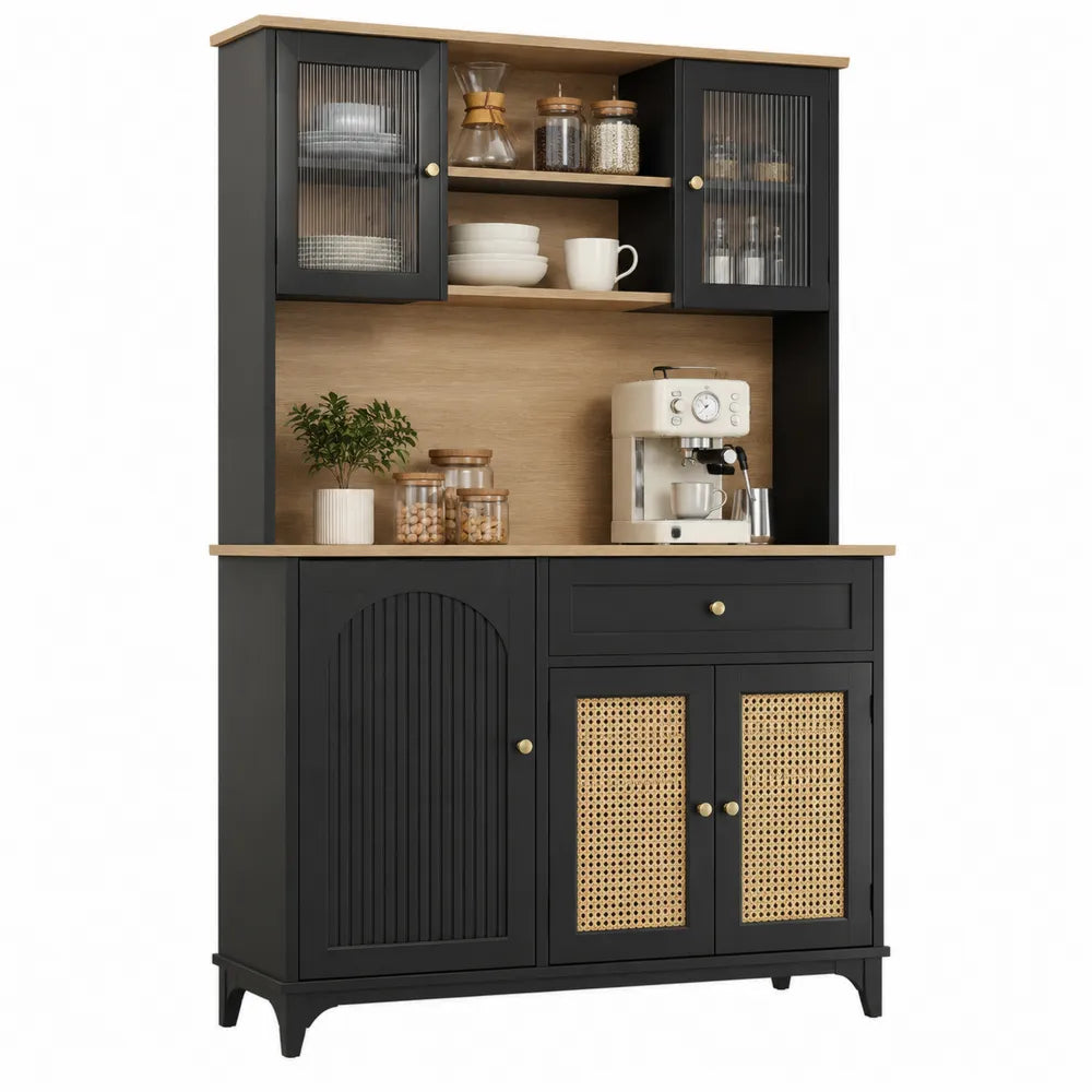 Aparador y Vitrina de MDF, Ratán y Vidrio Negro 120x40x180 cm