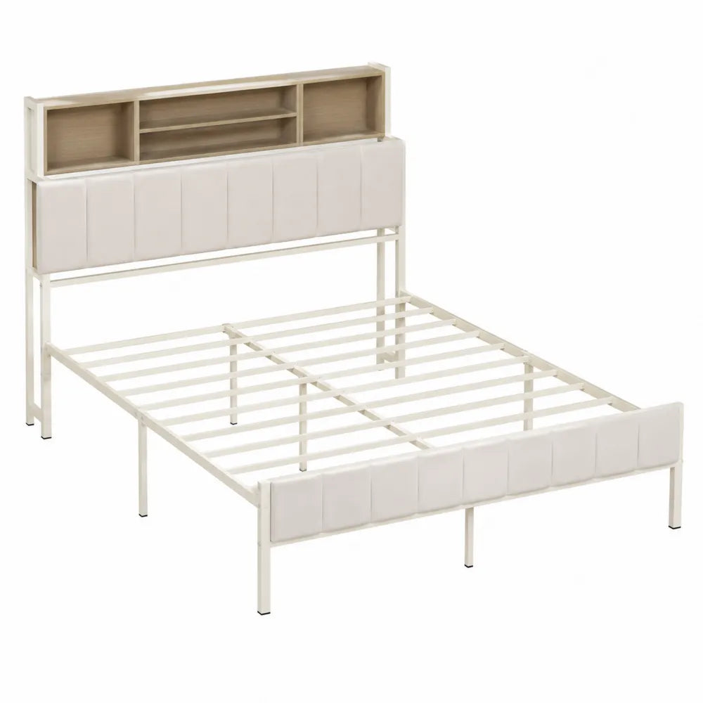 Cama de metal blanco con cabecero y estantes de almacenamiento