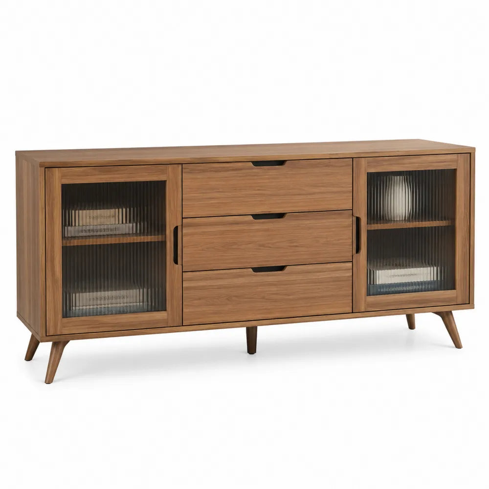 Aparador de madera con puertas de vidrio estriado y 3 cajones 150x40x80 cm