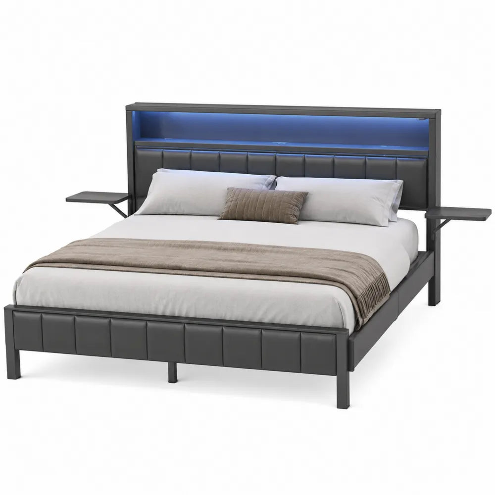 Cama doble de metal y cuero sintético con cabecero LED negro 200x180 cm
