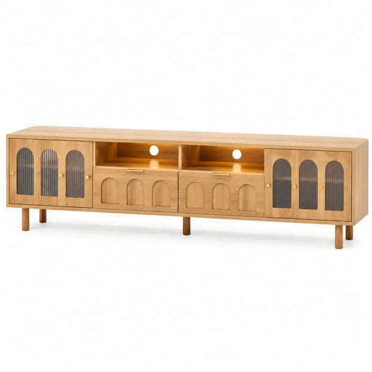 Mueble para TV de madera con puertas de vidrio estriado