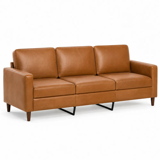 Sofá de cuero sintético marrón con patas de madera