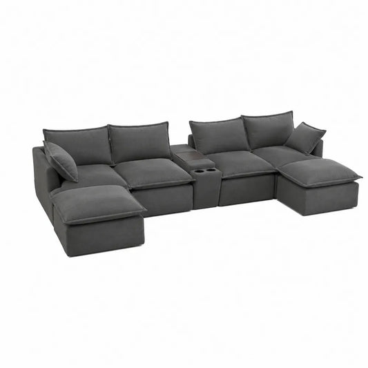 Sofá modular en forma de U de poliéster gris oscuro con porta vasos