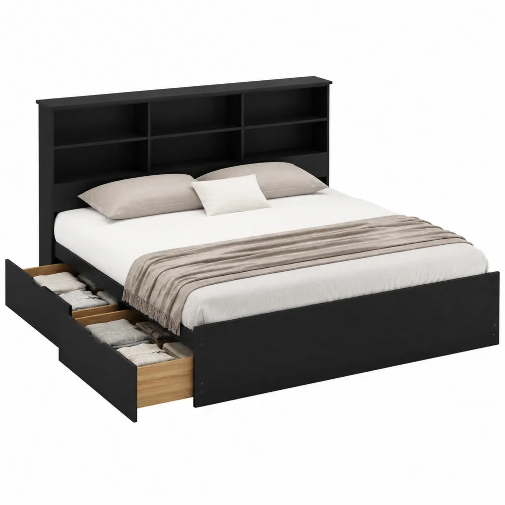 Cama de matrimonio con almacenamiento de madera contrachapada negra 200x160 cm