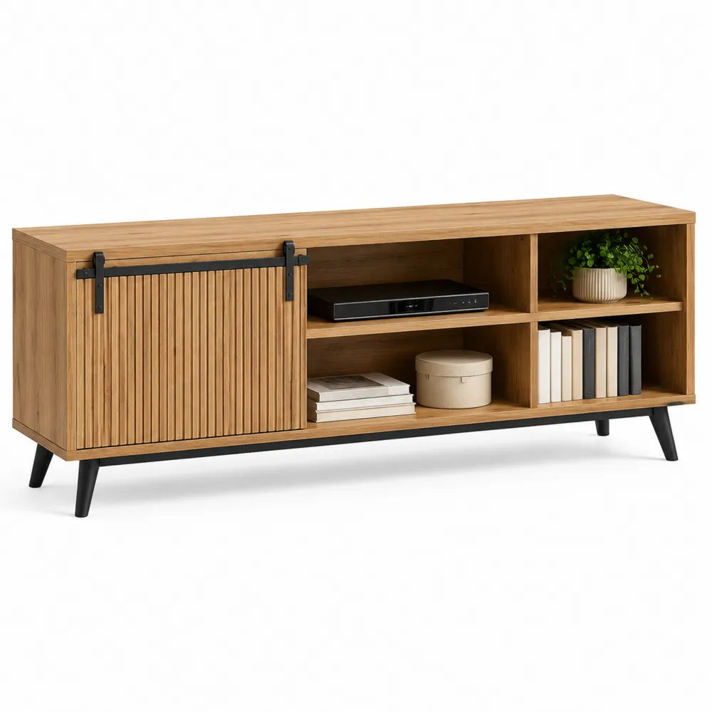 Mueble para TV de madera con puerta corredera y estantes