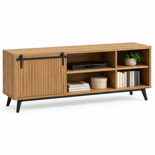 Mueble para TV de madera con puerta corredera y estantes