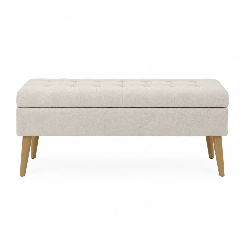 Banco de almacenamiento beige con patas de madera