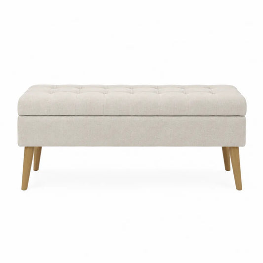 Banco de almacenamiento beige con patas de madera