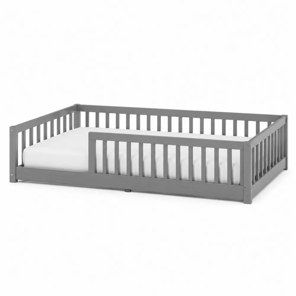 Cama infantil de madera maciza de haya gris con barandillas 140x70 cm